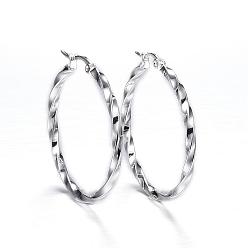 Silver 304 Stainless Steel Big Hoop Earrings, Hypoallergenic Earrings, Twisted Ring Shape, Silver, 56x55x2.5mm, 10 Gauge, Pin: 1x0.8mm