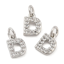 Real Platinum Plated Brass Micro Pave Grade AAA Cubic Zirconia Charms, Letter D, Cadmium Free & Nickel Free & Lead Free, Real Platinum Plated, 8x5.5x1.5mm, Hole: 2mm