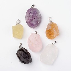 Mixed Stone Natural Mixed Quartz Pendants, Nuggets, with Brass Findings, Platinum, 26~42x20~26x14~22mm, Hole: 5x8mm