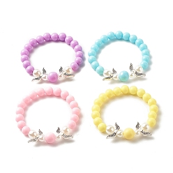 Mixed Color Acrylic Beaded Stretch Bracelets for Kids, with Imitation Pearl & Alloy Wings Beads Bracelets, Mixed Color, Inner Diameter: 1-3/4 inch(4.3cm), 6~10mm