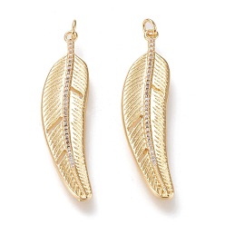 Golden Brass Micro Pave Clear Cubic Zirconia Pendants, Long-Lasting Plated, Feather, Golden, 49x12x2mm, Jump Ring: 5x0.7mm, 3mm Inner Diameter