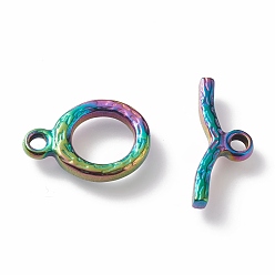 Rainbow Color Ion Plating(IP) 304 Stainless Steel Toggle Clasps, Textured, Ring, Rainbow Color, Ring: 16x12x2mm, Hole: 2mm, Bar: 18x6x2mm, Hole: 2mm