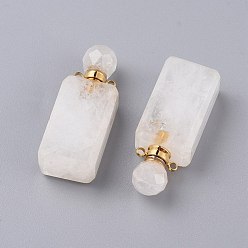 Quartz Crystal Faceted Natural Quartz Crystal Openable Perfume Bottle Pendants, Rock Crystal, with 304 Stainless Steel Findings, Cuboid, Golden, 42~45x16.5~17x11mm, Hole: 1.8mm, Bottle Capacity: 1ml(0.034 fl. oz)