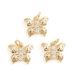 Golden Brass Micro Pave Cubic Zirconia Pendants, with Jump Ring, Butterfly, Clear, Golden, 10.5x12x2mm, Hole: 3mm