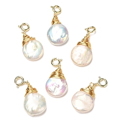 Real 14K Gold Plated Wire Wrapped Pearl Teardrop Pendant Decorations, with Brass Spring Ring Clasps, Real 14K Gold Plated, 26mm