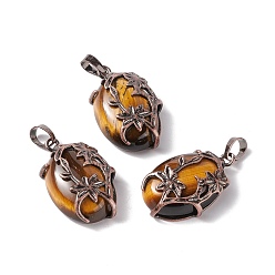 Tiger Eye Natural Tiger Eye Pendants, with Red Copper Tone Brass Findings, Cadmium Free & Lead Free, Oval with Flower Charm, 33x20x9mm, Hole: 5x8mm