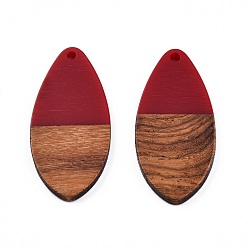 Dark Red Opaque Resin & Walnut Wood Pendants, Teardrop Shape Charm, Dark Red, 38x18x3mm, Hole: 2mm