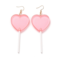 Pink Transparent Heart-shape Lollipop Dangle Earrings for Women, Candy Color Simulation Food Drop Earrings, Golden, Pink, 97~99mm, Pin: 0.5mm