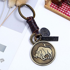 Taurus Punk Style Woven Flat Round with 12 Constellation Leather Keychain, for Car Key Pendant, Taurus, 11cm