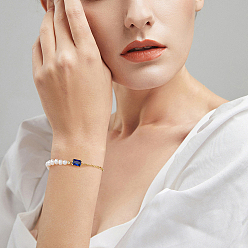 Bleu Bracelets de perles d'eau douce naturelles avec lien rectangulaire en zircone cubique, 925 bracelets chaînes figaro en argent sterling pour femme, avec cachet s, bleu, 925 pouce (6-1/4 cm)