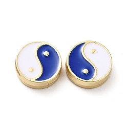 Bleu Perles d'émail d'alliage de placage de support, plat rond avec motif yin yang, or, bleu, 11x4mm, Trou: 1.6mm