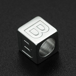 Letter B 201 Stainless Steel European Beads, Large Hole Beads, Horizontal Hole, Cube, Stainless Steel Color, Letter.B, 7x7x7mm, Hole: 5mm