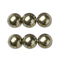 Olive Eco-Friendly Glass Pearl Beads Strands, Grade A, Round, Dyed, Cotton Cord Threaded, Olive, 8mm, Hole: 1.2~1.5mm, about 52pcs/strand, 15.7 inch