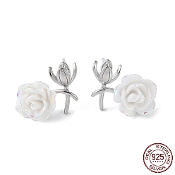 Real Platinum Plated Rhodium Plated 925 Sterling Silver Stud Earring Findings, with Resin, Flower, for Half Drilled Beads, with S925 Stamp, Real Platinum Plated, 10x14mm, Pin: 11x0.9mm and 0.8mm