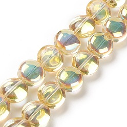 Yellow Transparent Electroplate Glass Bead Strands, Half Rainbow Plated, Flat Round, Yellow, 12x8mm, Hole: 1.2mm, about 50pcs/strand, 24.41''(62cm)