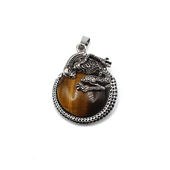 Tiger Eye Natural Tiger Eye Pendants, Flat Round Charms with Skeleton, with Antique Silver Plated Metal Findings, 40x35mm