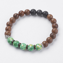 Natural Gemstone Natural Lava Rock Beads Stretch Bracelets, with Wenge Wood Beads, Gemstone, Coconut and Alloy Finding, 2 inch(50~52mm)