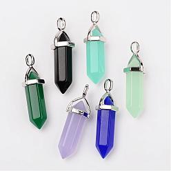 Mixed Color Bullet Imitation Jade Glass Pointed Pendants, with Alloy Findings, Mixed Color, 39x12mm, Hole: 3x4mm