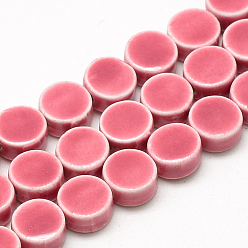Rose Chaud Perles en porcelaine manuelles, porcelaine émaillée lumineux, plat rond, rose chaud, 8~8.5x4~4.5mm, Trou: 2mm