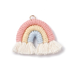 Pink Macrame Weaving Rainbow Tassel Pendants, with Golden Iron Loops, Pink, 40~50x35~37x6.5mm, Hole: 4.2mm