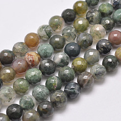 Dark Green Natural Indian Agate Beads Strands, Round, Faceted, Dark Green, 4mm, Hole: 1mm, about 92pcs/strand, 14 inch