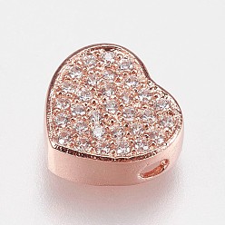 Or Rose Micro en laiton pavent des perles cubes de zircone, cœur, clair, or rose, 9x9.5x4mm, Trou: 1.2mm