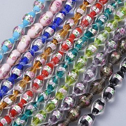 Mixed Color Handmade Silver Foil Glass Lampwork Beads, Oval with Flower, Mixed Color, 16~17x9~11mm, Hole: 1.5~2mm