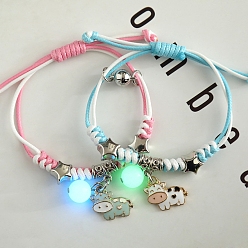 Cattle 2Pcs 2 Color Luminous Beads & Alloy Enamel Charms Bracelets Set, Glow In The Dark Magnetic Charms Couple Bracleets for Best Friends Lovers, Cow Pattern, 5-7/8~11-3/4 inch(15~30cm), 1Pc/color