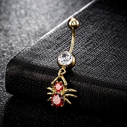 Red Piercing Jewelry, Brass Cubic Zirconia Navel Ring, Belly Rings, with Surgical Stainless Steel Bar, Cadmium Free & Lead Free, Real 18K Gold Plated, Spider, Red, 38x16mm, Bar: 15 Gauge(1.5mm), Bar Length: 3/8"(10mm)