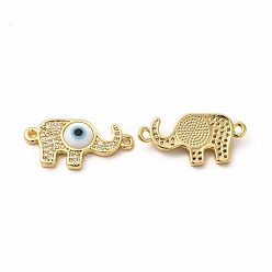 White Rack Plating Real 18K Gold Plated Brass Micro Pave Clear Cubic Zirconia Connector Charms, Elephant with Evil Eye Links, with Handmade Lampwork, Cadmium Free & Lead Free, Long-Lasting, White, 12x24x4mm, Hole: 1.4mm