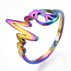 Rainbow Color Placage ionique (ip) 304 mors en acier inoxydable avec anneau réglable en forme de signe de paix, bague large bande pour femme, couleur arc en ciel, taille us 6 1/4 (16.7 mm)