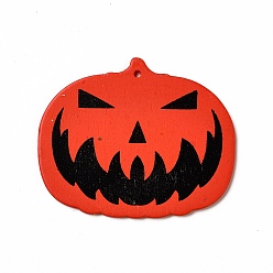 Citrouille Grands pendentifs en bois imprimé simple face, charmes d'halloween, noir, orange foncé, citrouille, 53x64x2.5mm, Trou: 3mm