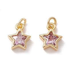 Plum Brass Cubic Zirconia Charms, Real 18K Gold Plated, Star, Plum, 9x7.5x3mm, Hole: 2.5mm