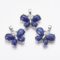 Lapis Lazuli Naturelles lapis-lazuli pendentifs, papillon, avec accessoires en laiton, platine, 24x30x7.5mm, Trou: 4x7.5mm