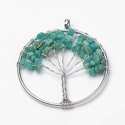Amazonite Natural Amazonite Big Pendants, with Brass Findings, Flat Round with Tree of Life, Platinum, 57~58x51x5~7mm, Hole: 5mm