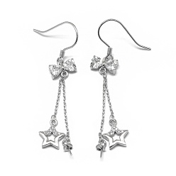 Platinum Rhodium Plated 925 Sterling Silver Dangle Earring Findings, with Cubic Zirconia, For Half Drilled Beads, Star & Bowknot, Clear, Platinum, 48x8mm, 24 Gauge, Pin: 0.5mm