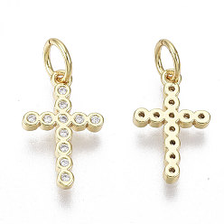 Real 18K Gold Plated Brass Micro Pave Cubic Zirconia Tiny Cross Charms, with Jump Ring, Nickel Free, Clear, Real 18K Gold Plated, 14x8.5x1.5mm, Hole: 3mm