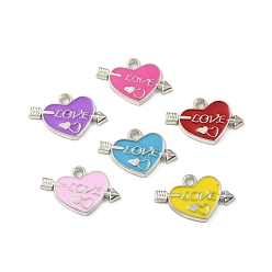 Mixed Color CCB Plastic Enamel Pendants, Platinum, Heart with Arrow and Word Love Charms, Mixed Color, 19x29x2.5mm, Hole: 2.5mm
