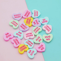 Mixed Color Opaque Resin Cabochons, Heart with Mixed Words, Mixed Color, 19x18mm