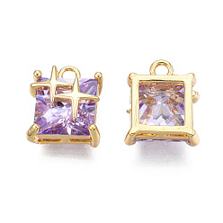 Purple Brass Inlaid Cubic Zirconia Charms, Real 18K Gold Plated, Square with Star, Purple, 11x9.5x6.5mm, Hole: 1.6mm