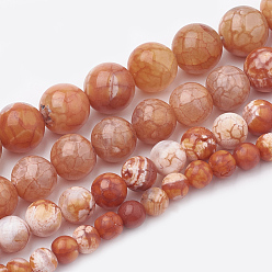 Coral Dyed Natural Crackle Agate Beads Strands, Round, Coral, 8~8.5mm, Hole: 1mm, about 48pcs/strand, 15.1 inch