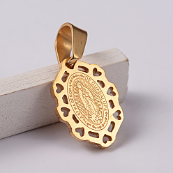 Golden 304 Stainless Steel Pendants, Oval with Virgin Mary/Our Lady of Guadalupe, Golden, 17.5x13x1.5mm, Hole: 4x7mm