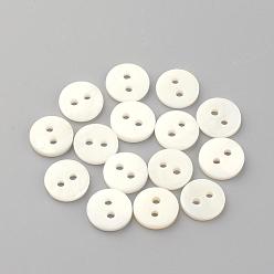 Seashell Color 2-Hole Freshwater Shell Buttons, Flat Round, Seashell Color, 10x1.5~2mm, Hole: 1.5mm