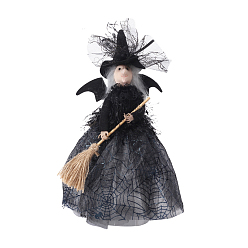 Black Cloth Witch Tree Top Star Doll Ornament, for Halloween Home Party Decorations, Witch with Spider Web Dress, Black, 285x210mm