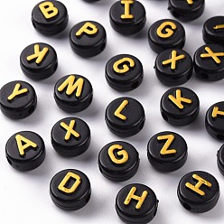 Golden Plated Opaque Black Acrylic Beads, Metal Enlaced, Horizontal Hole, Cube with Random Letters, Golden Plated, 10x6mm, Hole: 2mm, about 1560pcs/500g