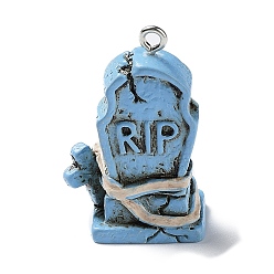 Светло-Голубой Подвески из смолы, Подвески для надгробия на Хэллоуин с железными петлями платинового тона, Небесно-голубой, 31x20x12.5 мм, отверстие : 2 мм
