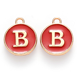 Letter B Golden Plated Enamel Alloy Charms, Enamelled Sequins, Flat Round, Red, Letter.B, 14x12x2mm, Hole: 1.5mm, 100pcs/Box