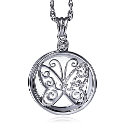 Platinum Butterfly Alloy Rhinestones & Glass Magnifying Pendant Necklace for Women, Platinum, 25.59 inch(65cm)
