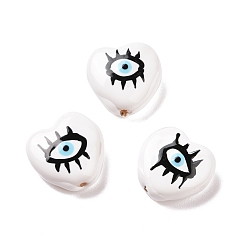 Blanc Perles d'émail, avec abs en plastique imitation perle à l'intérieur, coeur avec le mauvais œil, blanc, 14x15x6.5mm, Trou: 1mm