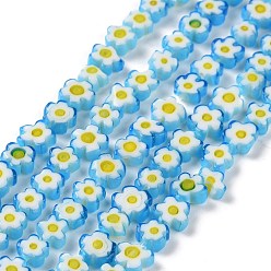 Azul Hilos de perlas de vidrio millefiori artesanal, flor, azul, 4~7.2x2.6 mm, agujero: 1 mm, sobre 60~69 unidades / cadena, 16 pulgada (40 cm)